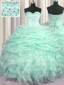 Apple Green Lace Up Sweetheart Beading and Ruffles and Pick Ups Vestidos de Quinceanera Organza Sleeveless Sweep Train