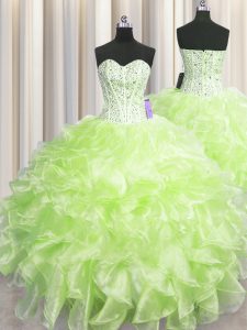 Visible Boning Sweetheart Sleeveless 15 Quinceanera Dress Floor Length Beading and Ruffles Yellow Green Organza