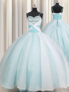 Dramatic Aqua Blue Ball Gowns Organza Spaghetti Straps Sleeveless Beading and Ruching Floor Length Lace Up Quinceanera G