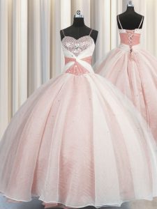 Pink Organza Lace Up Spaghetti Straps Sleeveless Floor Length Quinceanera Dress Beading