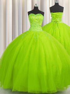 Big Puffy Sleeveless Lace Up Floor Length Beading Quinceanera Gowns