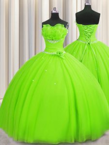 Handcrafted Flower Ball Gowns Strapless Sleeveless Tulle Floor Length Lace Up Beading and Sequins and Hand Made Flower Q