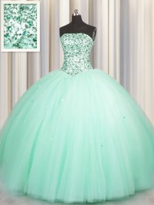 Puffy Skirt Sleeveless Tulle Floor Length Lace Up Quinceanera Gowns in Apple Green with Beading and Sequins