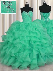 Enchanting Sweetheart Sleeveless Sweet 16 Dress Floor Length Beading and Ruffles Turquoise Organza