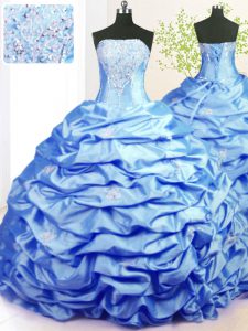 Sleeveless With Train Beading and Pick Ups Lace Up Quince Ball Gowns with Baby Blue Sweep Train