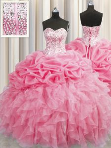 Visible Boning Rose Pink Lace Up Sweetheart Beading and Ruffles 15th Birthday Dress Organza Sleeveless