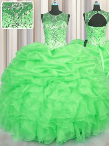 See Through Floor Length Lace Up Quinceanera Dresses for Military Ball and Sweet 16 and Quinceanera with Beading and Ruf