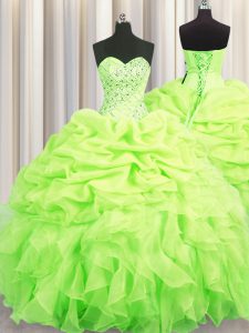 Sweetheart Sleeveless Organza Quinceanera Gown Beading and Ruffles and Pick Ups Lace Up