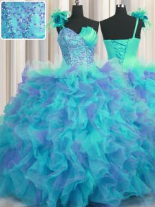 Glamorous Handcrafted Flower One Shoulder Sleeveless Lace Up Ball Gown Prom Dress Multi-color Tulle