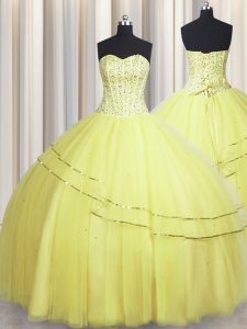 Great Visible Boning Really Puffy Floor Length Light Yellow Sweet 16 Dresses Sweetheart Sleeveless Lace Up