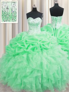 Visible Boning Apple Green Ball Gowns Beading and Ruffles and Pick Ups Vestidos de Quinceanera Lace Up Organza Sleeveles