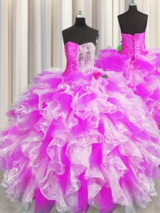 Custom Made Beading and Ruffles and Ruching Quinceanera Dress Multi-color Lace Up Sleeveless Floor Length