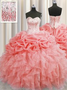 Unique Visible Boning Watermelon Red Ball Gowns Organza Sweetheart Sleeveless Ruffles and Pick Ups Floor Length Lace Up 