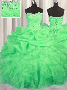 Dynamic Green Sleeveless Floor Length Beading and Ruffles and Ruching and Pick Ups Lace Up Ball Gown Prom Dress