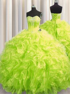 Superior Ball Gowns Long Sleeves Yellow Green Quinceanera Dress Brush Train Lace Up