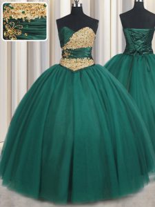 Attractive Ball Gowns Sweet 16 Dresses Peacock Green Sweetheart Tulle Sleeveless Floor Length Lace Up