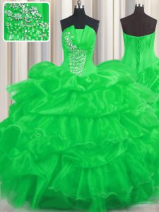 Exquisite Green Strapless Neckline Beading and Ruffled Layers and Pick Ups Quinceanera Dress Sleeveless Lace Up