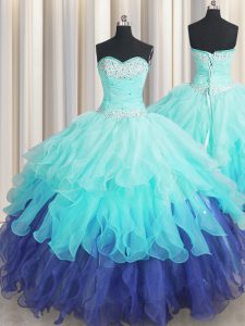 Multi-color Sleeveless Floor Length Beading and Ruffles and Ruffled Layers and Sequins Lace Up Sweet 16 Dresses