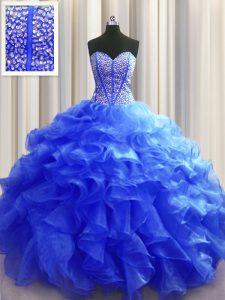 Wonderful Visible Boning Royal Blue Organza Lace Up Sweet 16 Quinceanera Dress Sleeveless Floor Length Beading and Ruffl