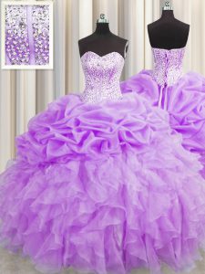Fitting Visible Boning Sweetheart Sleeveless Organza 15 Quinceanera Dress Beading and Ruffles and Pick Ups Lace Up