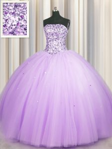 Beautiful Really Puffy Lavender Ball Gowns Strapless Sleeveless Tulle Floor Length Lace Up Beading and Sequins Sweet 16 