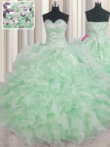 Sweet Floor Length Lace Up Quinceanera Gown Apple Green for Military Ball and Sweet 16 and Quinceanera with Beading and 