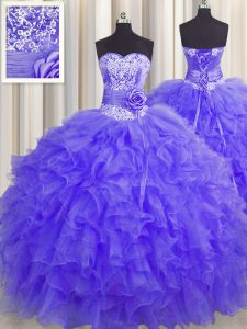 Custom Designed Handcrafted Flower Floor Length Lavender Ball Gown Prom Dress Organza Sleeveless Beading and Ruffles and