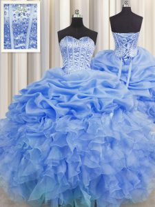 Visible Boning Organza Sweetheart Sleeveless Lace Up Beading and Ruffles and Pick Ups 15 Quinceanera Dress in Blue