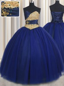 Chic Sleeveless Floor Length Beading and Appliques Lace Up Sweet 16 Quinceanera Dress with Navy Blue