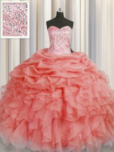 Sweetheart Sleeveless 15th Birthday Dress Floor Length Beading and Ruffles Watermelon Red Organza