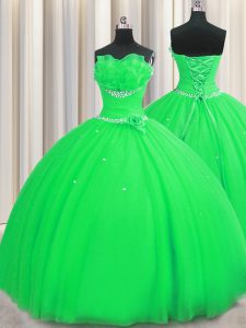 Charming Handcrafted Flower Green Ball Gowns Tulle Strapless Sleeveless Beading and Sequins and Hand Made Flower Floor L