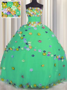 Turquoise Sleeveless Hand Made Flower Floor Length Vestidos de Quinceanera
