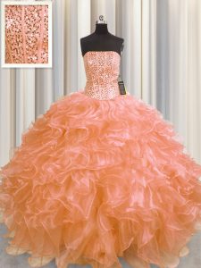 Affordable Visible Boning Orange Ball Gowns Strapless Sleeveless Organza Floor Length Lace Up Beading and Ruffles Sweet 