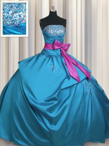Floor Length Teal Quince Ball Gowns Taffeta Sleeveless Beading and Ruching and Bowknot