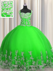 Beading and Appliques 15th Birthday Dress Green Lace Up Sleeveless Floor Length