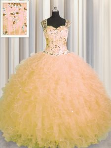 See Through Zipper Up Gold Zipper Straps Beading and Ruffles Quinceanera Gown Tulle Sleeveless
