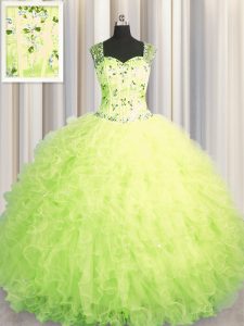 Sexy See Through Zipper Up Straps Sleeveless Quince Ball Gowns Floor Length Beading and Ruffles Yellow Green Tulle