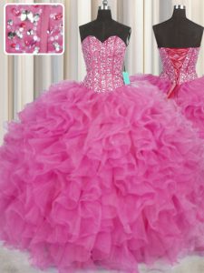 Visible Boning Hot Pink Sleeveless Floor Length Beading and Ruffles Lace Up Quince Ball Gowns