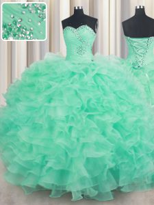 Low Price Apple Green Ball Gowns Beading and Ruffles Quinceanera Gown Lace Up Organza Sleeveless Floor Length