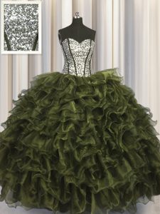 Sequins Visible Boning Floor Length Olive Green Quinceanera Gown Sweetheart Sleeveless Lace Up