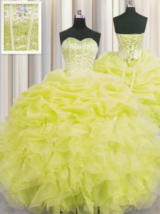Pick Ups Visible Boning Ball Gowns Sweet 16 Dresses Yellow Sweetheart Organza Sleeveless Floor Length Lace Up