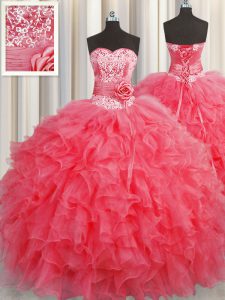 Handcrafted Flower Sleeveless Floor Length Ruffles and Hand Made Flower Lace Up Sweet 16 Quinceanera Dress with Coral Re