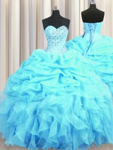 Custom Design Pick Ups Ball Gowns Sweet 16 Dresses Aqua Blue Sweetheart Organza Sleeveless Floor Length Lace Up