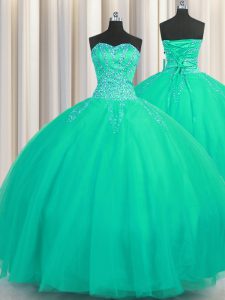 Adorable Really Puffy Turquoise Sleeveless Beading Floor Length Quinceanera Dresses