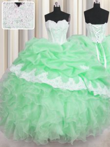 On Sale Green Sleeveless Floor Length Beading and Appliques and Ruffles and Pick Ups Lace Up 15 Quinceanera Dress