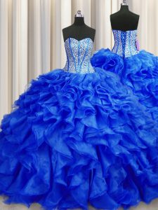 Visible Boning Royal Blue Sleeveless Brush Train Beading and Ruffles Ball Gown Prom Dress