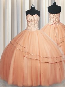 Elegant Visible Boning Really Puffy Sleeveless Floor Length Beading and Ruching Lace Up Quinceanera Dress with Peach