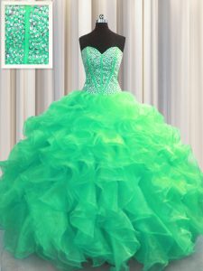 Visible Boning Turquoise Organza Lace Up 15 Quinceanera Dress Sleeveless Floor Length Beading and Ruffles
