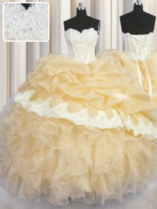 Sleeveless Organza Floor Length Lace Up Quinceanera Dress in Gold with Beading and Appliques and Ruffles and Pick Ups