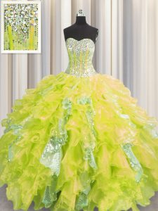 Visible Boning Yellow Sweetheart Lace Up Beading and Ruffles and Sequins 15 Quinceanera Dress Sleeveless